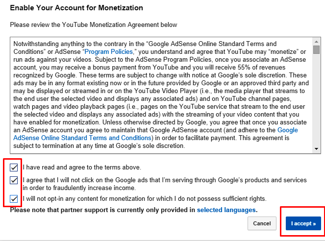 monetization agreements in Youtube