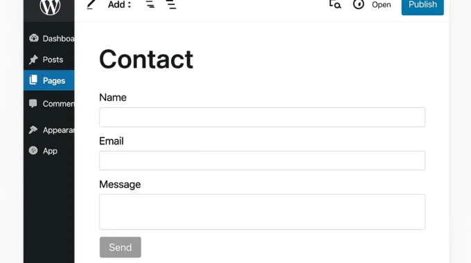 WordPress dashboard creating a contact page with form fields