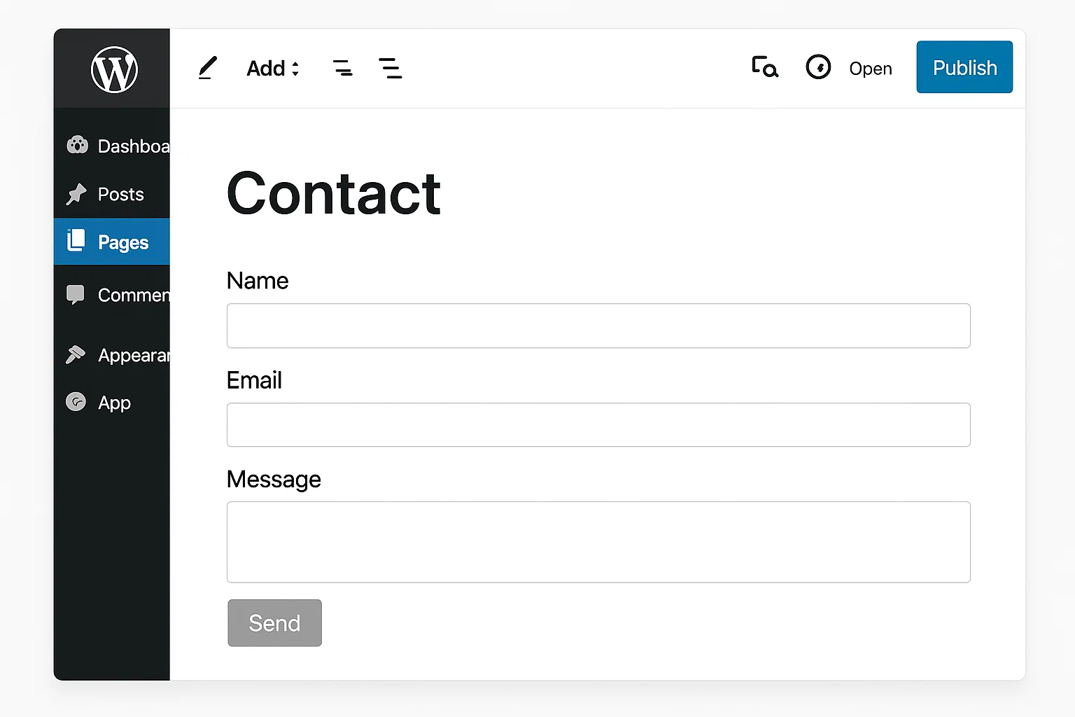 WordPress dashboard creating a contact page with form fields
