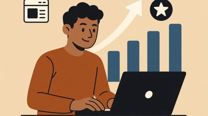 blogger working on laptop with growth chart showing success