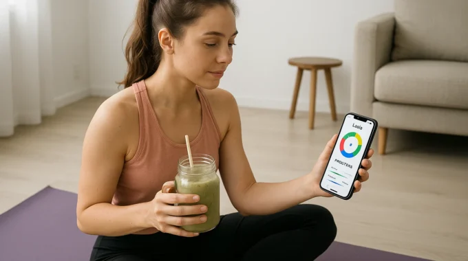 woman checking Lasta app progress on phone at home