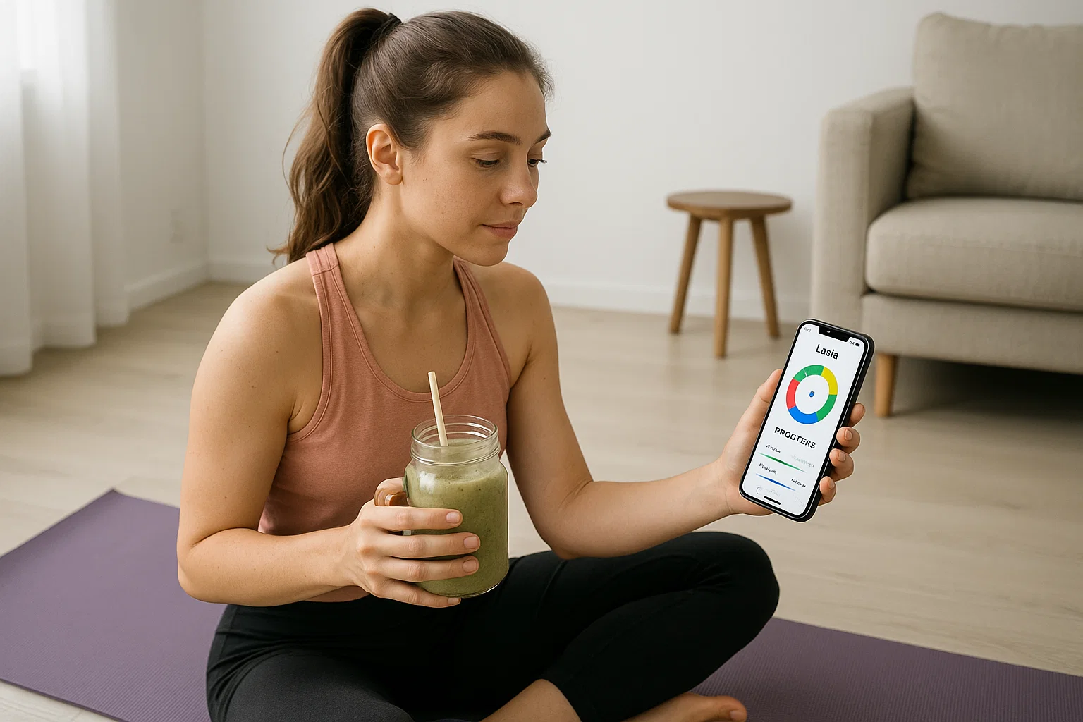 woman checking Lasta app progress on phone at home