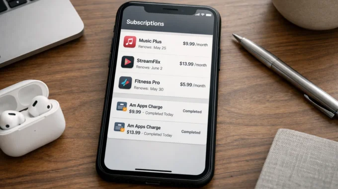 smartphone showing app subscriptions linked to Am Apps charges