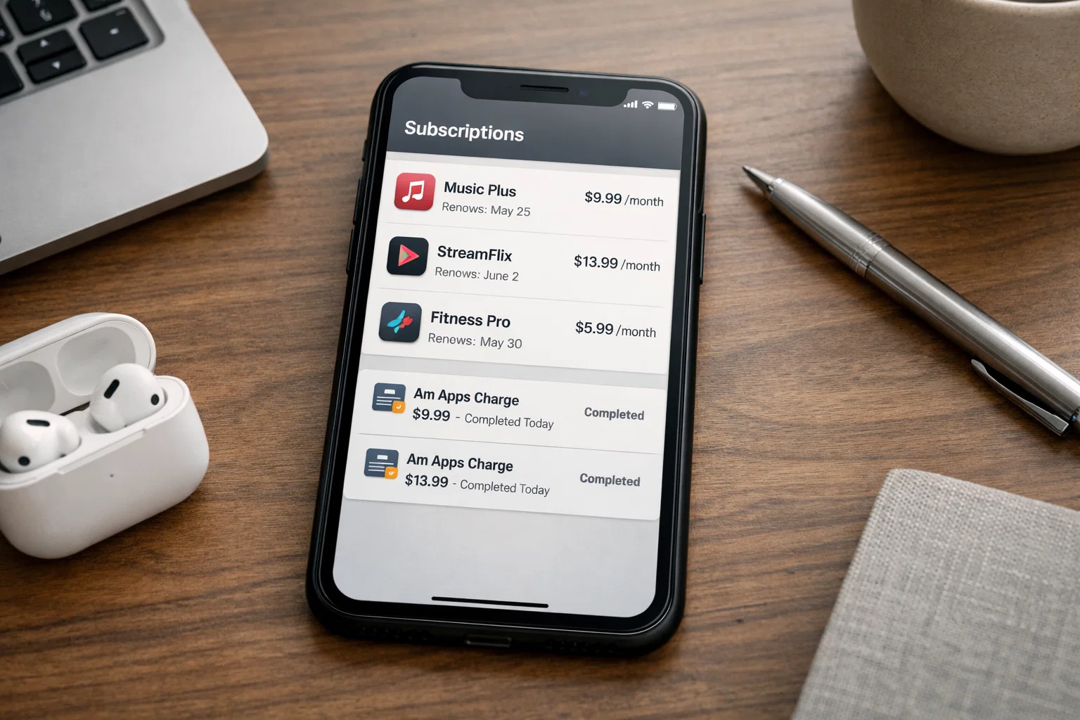 smartphone showing app subscriptions linked to Am Apps charges