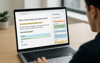 SEO Minion Chrome extension dashboard on laptop screen