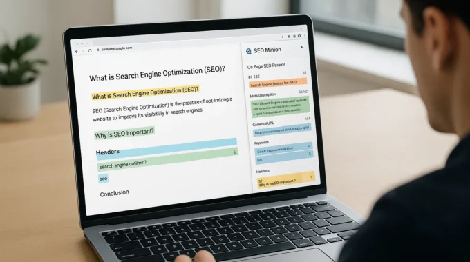 SEO Minion Chrome extension dashboard on laptop screen