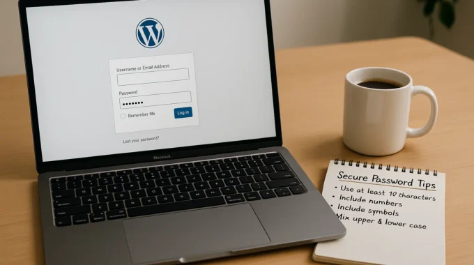 WordPress login screen on a laptop with password tips