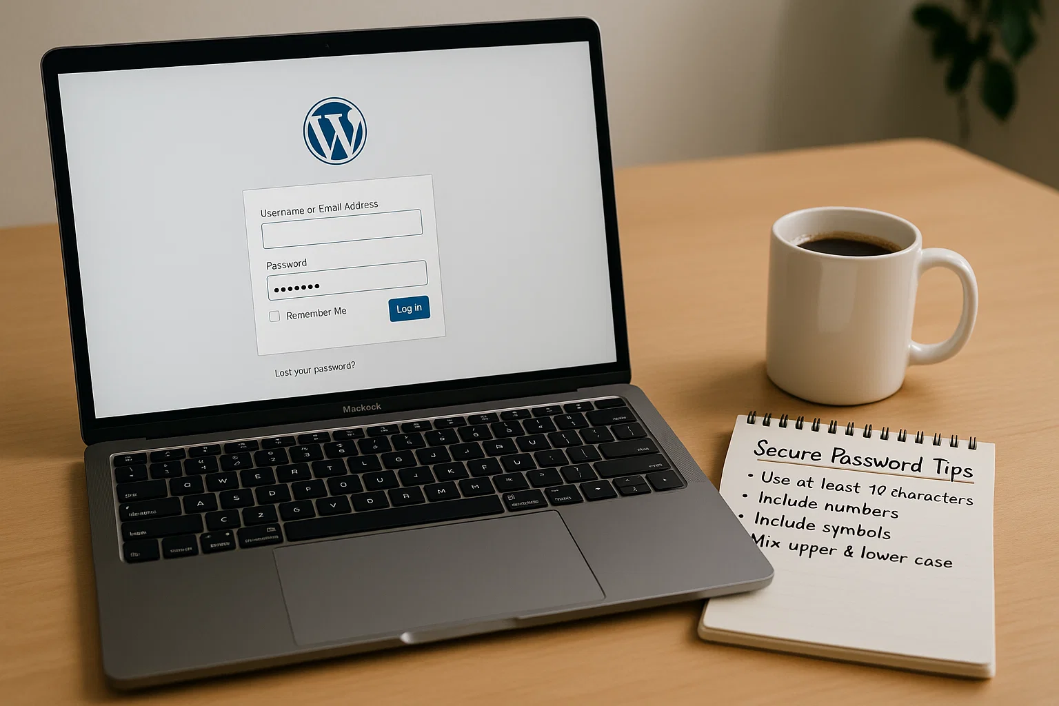 WordPress Admin Password Default - How to Find & Secure It 1 WordPress login screen on a laptop with password tips