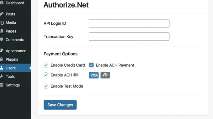 WordPress Authorize.Net plugin setup screen for online payments