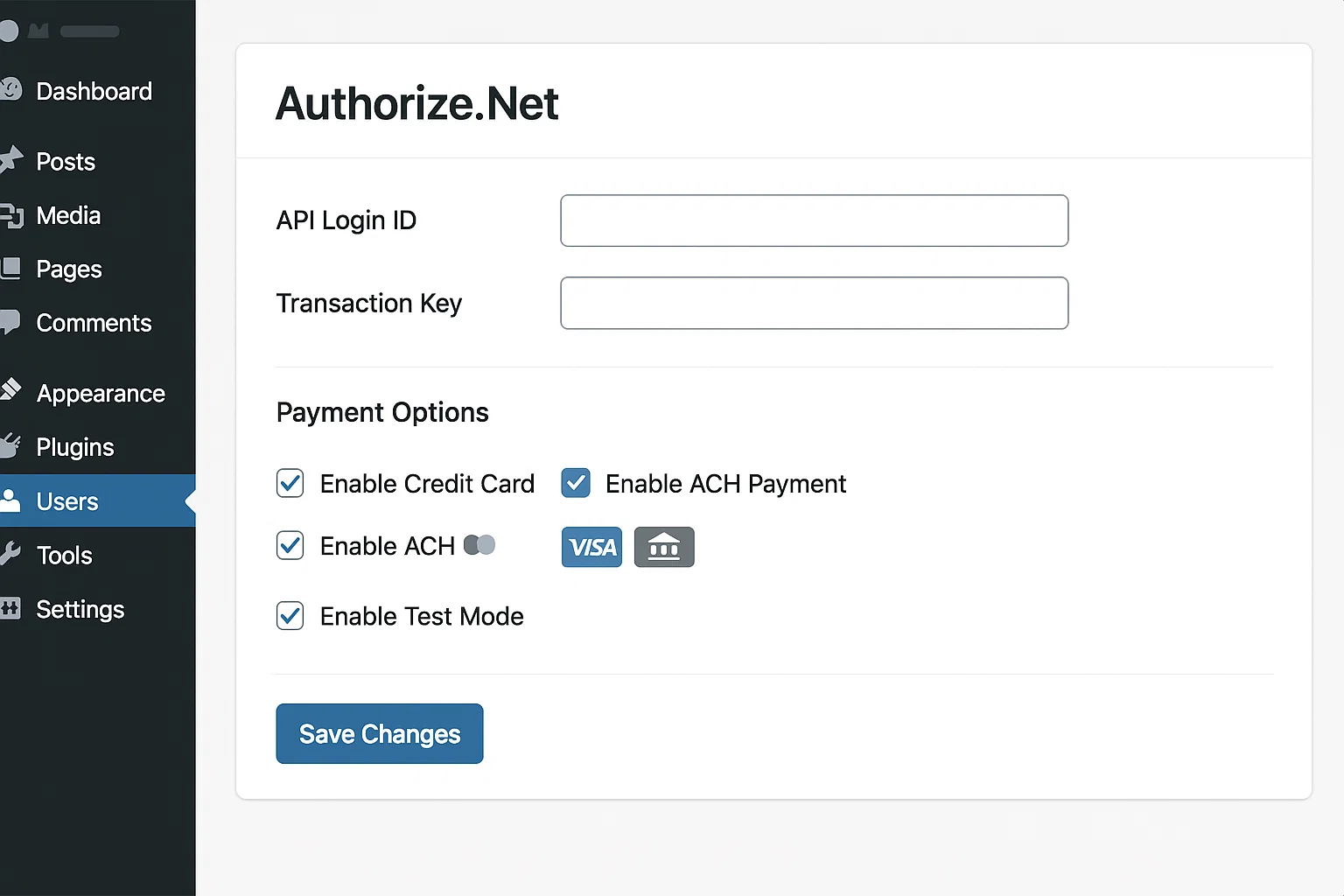 Best WordPress Authorize.Net Plugin Easy Setup & Payment Guide 1 WordPress Authorize.Net plugin setup screen for online payments