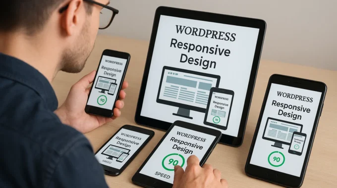 A digital professional testing a responsive WordPress design on smartphones and tablets after optimisation