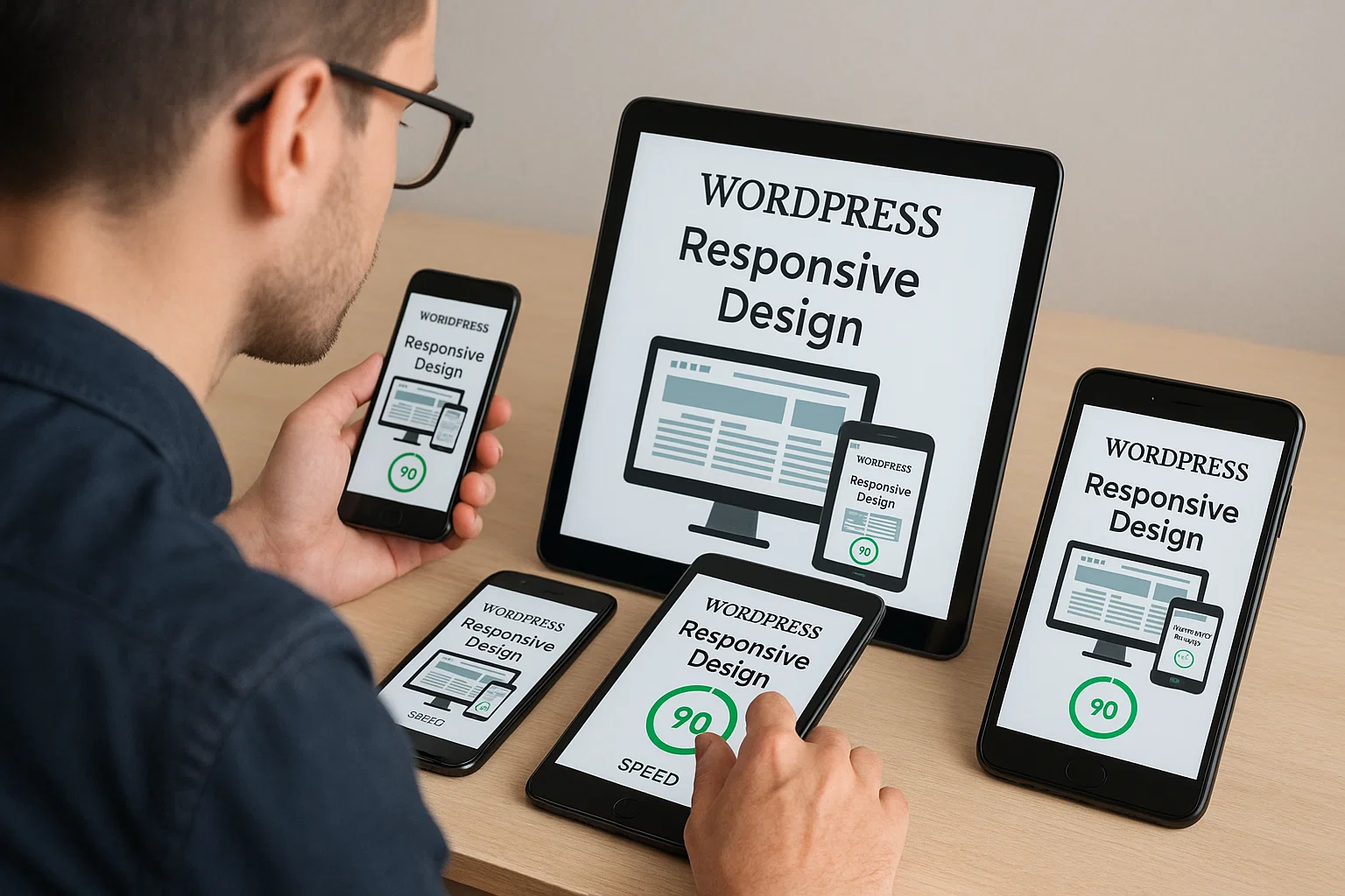 A digital professional testing a responsive WordPress design on smartphones and tablets after optimisation