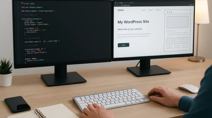 Developer creating a custom WordPress theme from scratch on dual monitors