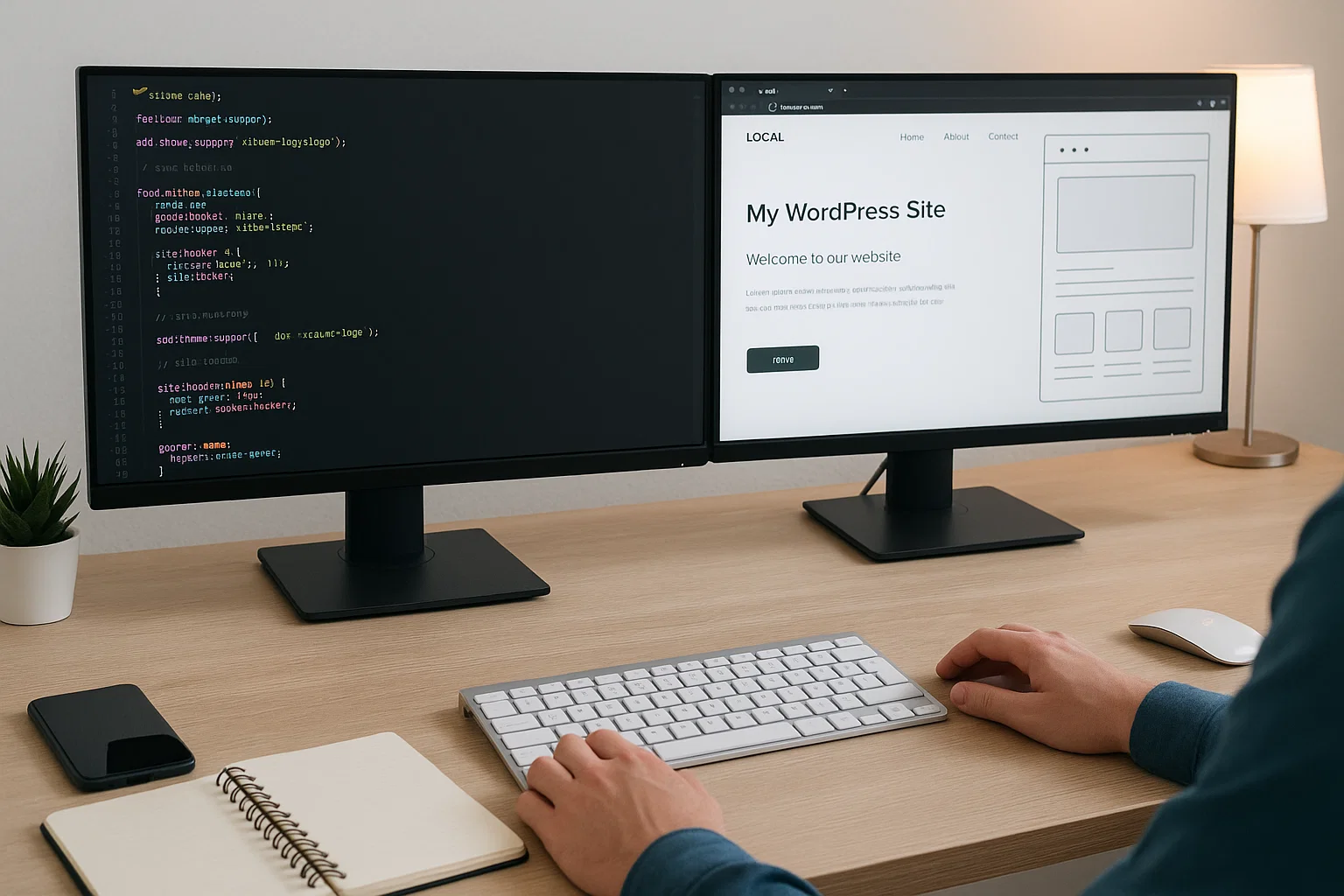 How to Build a WordPress Theme from Scratch (2025 Guide) 1 Developer creating a custom WordPress theme from scratch on dual monitors