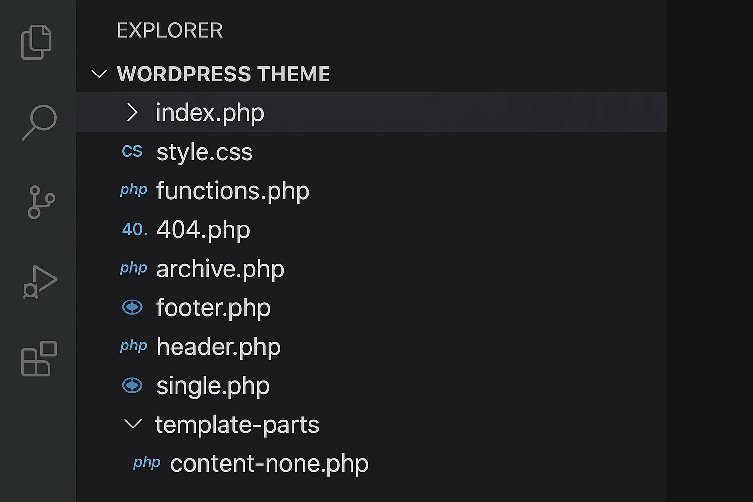 How to Build a WordPress Theme from Scratch (2025 Guide) 3 WordPress theme file structure showing core PHP and CSS files