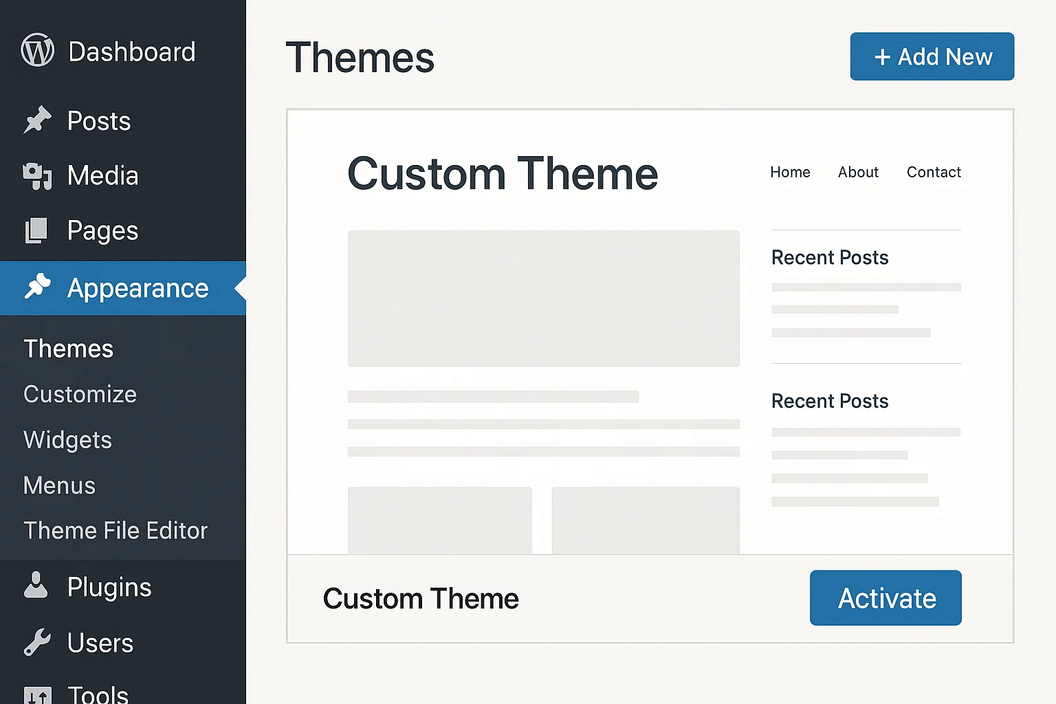 How to Build a WordPress Theme from Scratch (2025 Guide) 2 WordPress dashboard preview of a custom-built theme ready for activation