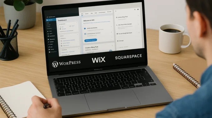 Person comparing WordPress, Wix, and Squarespace on a laptop