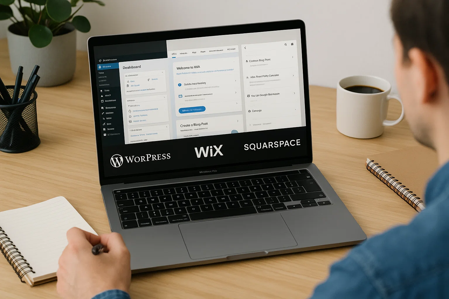 WordPress vs Wix vs Squarespace: Which Platform Wins in 2025? 1 Person comparing WordPress, Wix, and Squarespace on a laptop