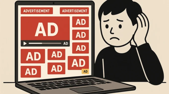 frustrated YouTube viewer with multiple ads on screen
