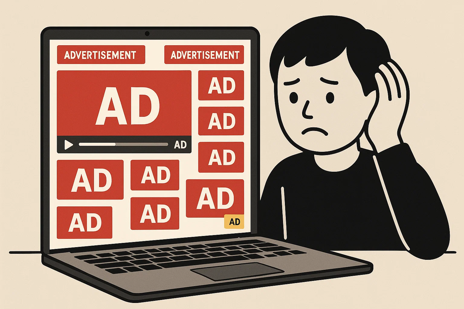 frustrated YouTube viewer with multiple ads on screen