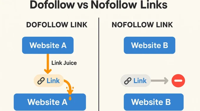 Illustration of dofollow vs nofollow links explained in SEO