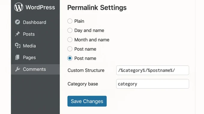 WordPress dashboard showing how to remove category from URL