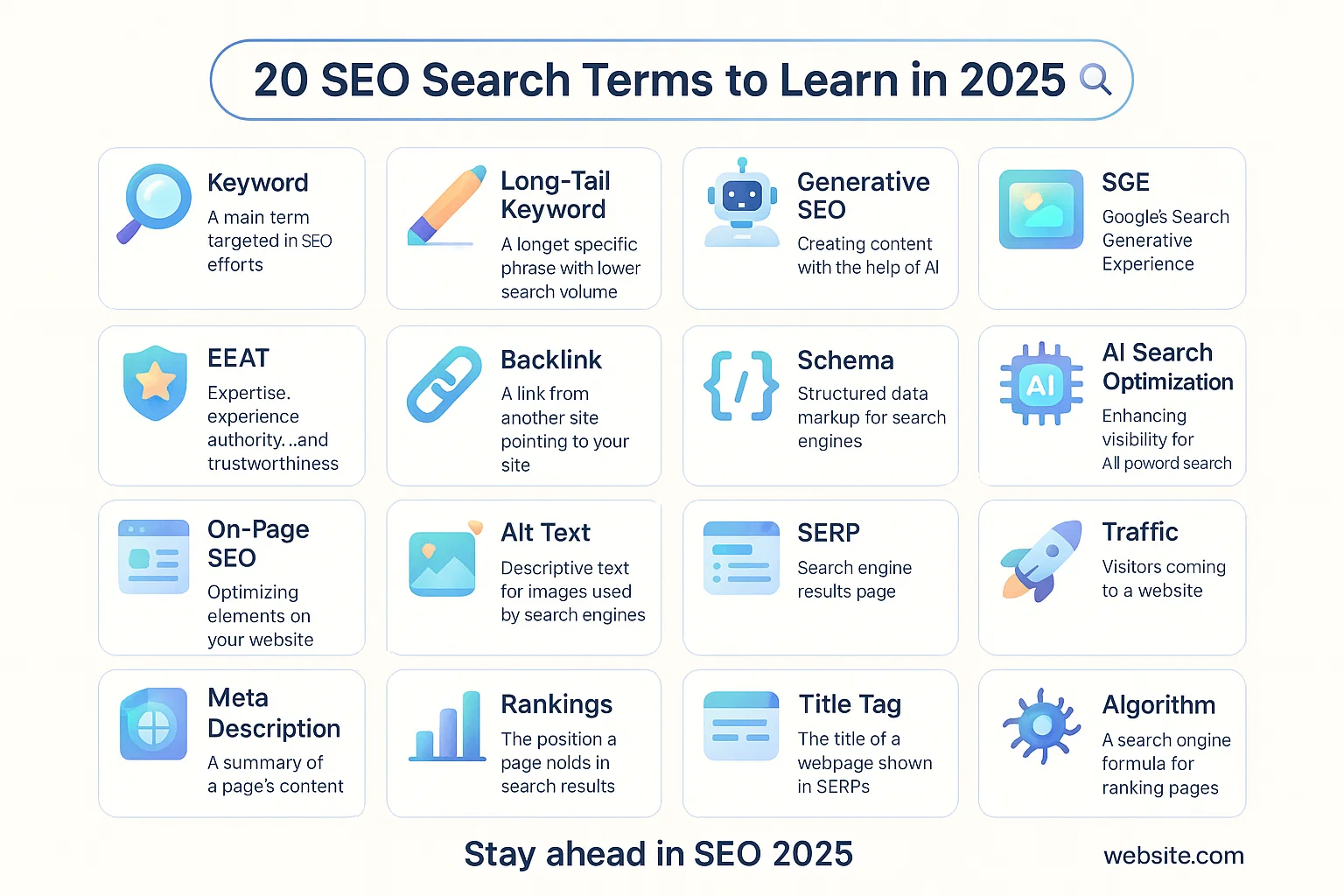 Infographic showing 20 SEO terms to learn