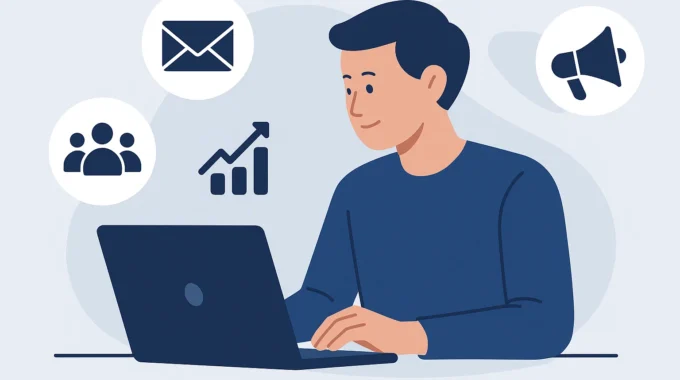 Person creating email marketing content on laptop with digital marketing icons