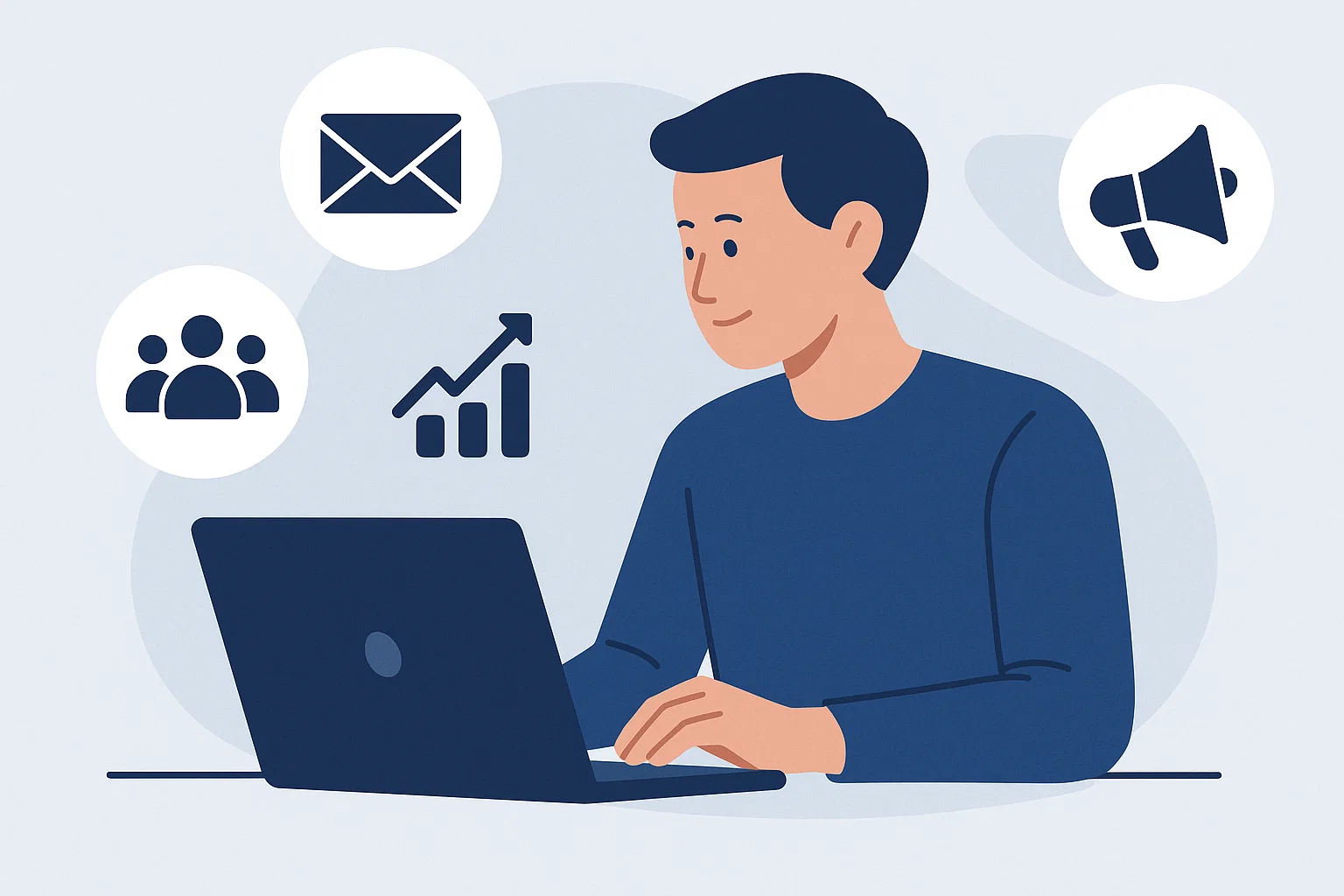 How to Create Email Marketing Content That Gets Clicks 2 Person creating email marketing content on laptop with digital marketing icons