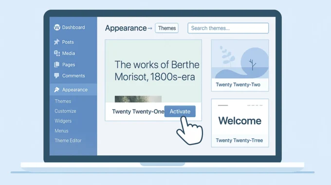 WordPress dashboard showing how to set a default theme