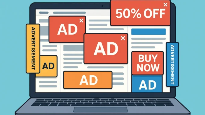 cluttered laptop screen showing website with most ads overview