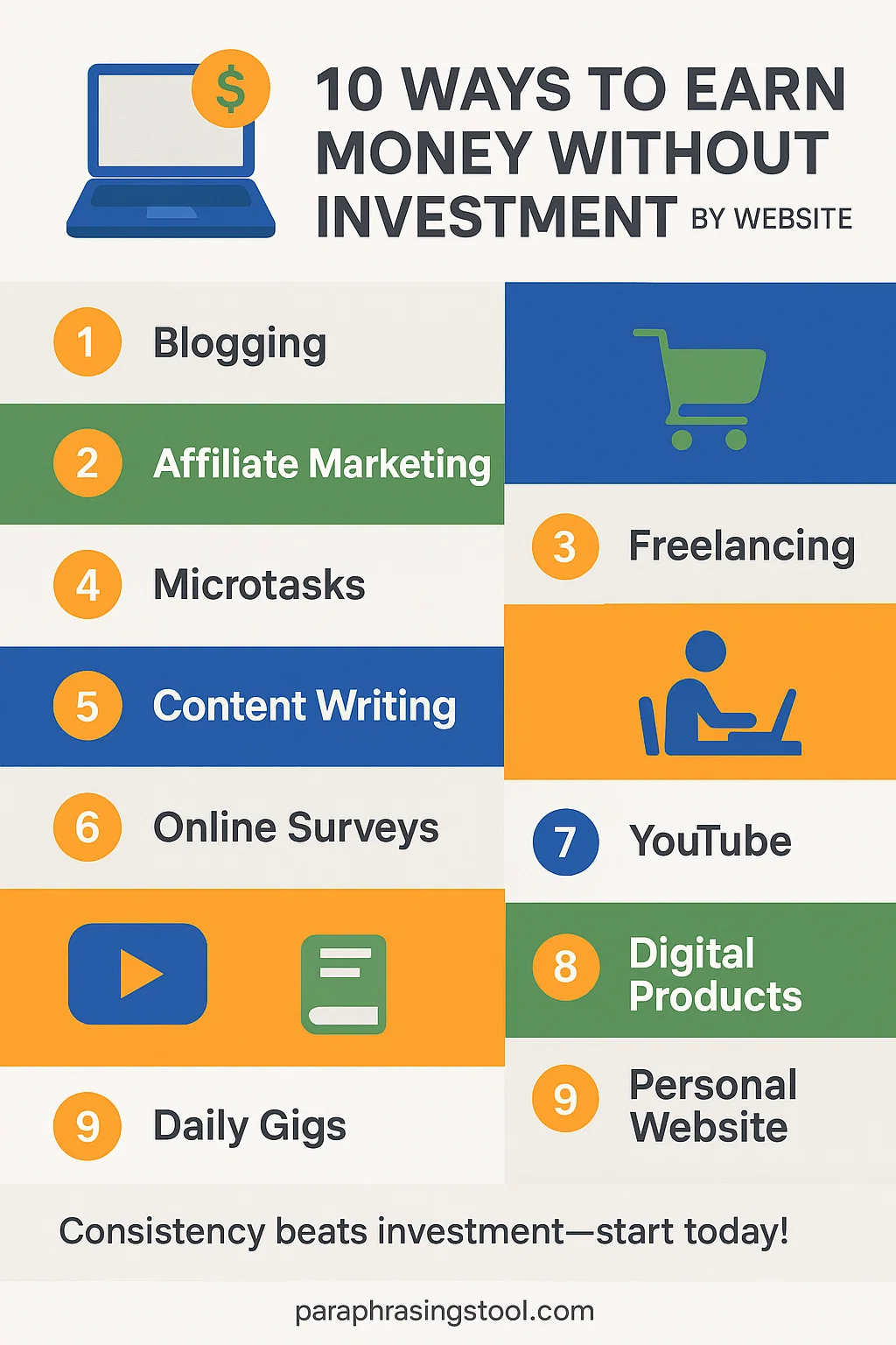 Earn Money Without Investment by Website: 10 Real Ways to Start Today 2 infographic showing 10 ways to earn money without investment by website