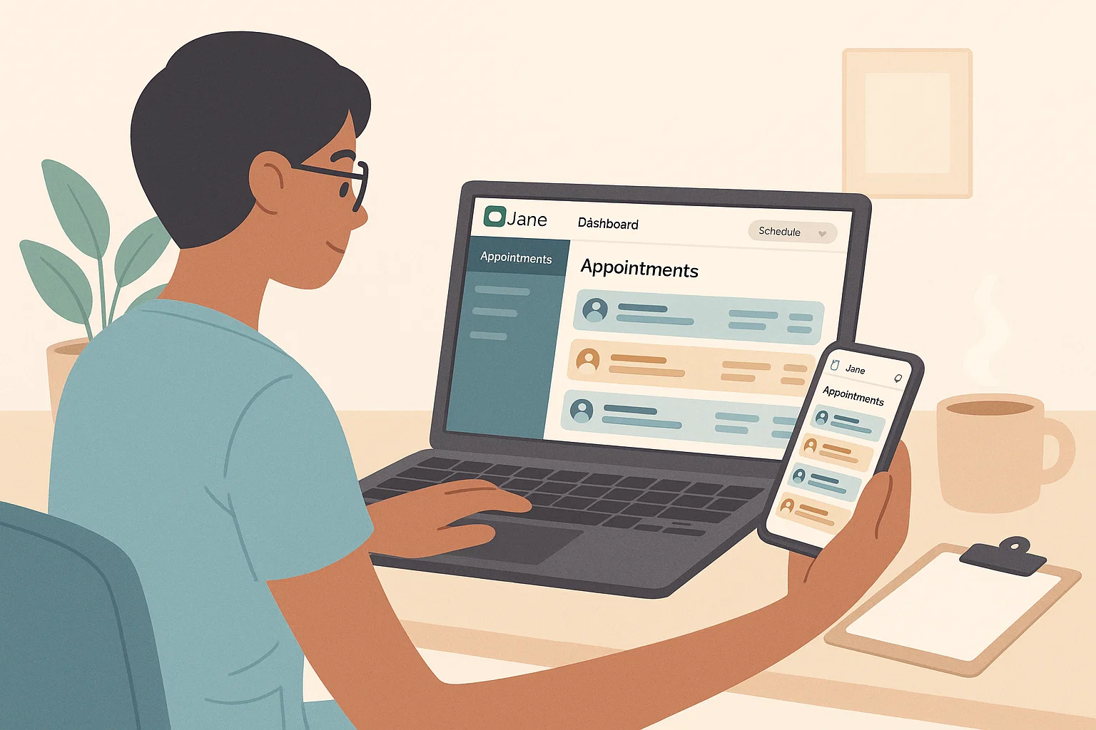 healthcare professional using Jane App dashboard for appointments