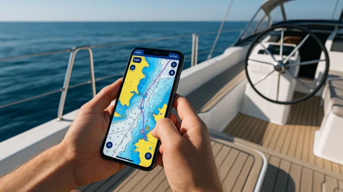 Person using Navionics boating app for marine navigation