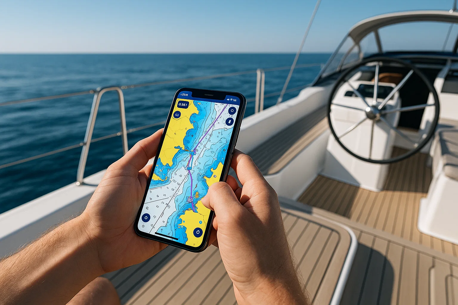 Person using Navionics boating app for marine navigation