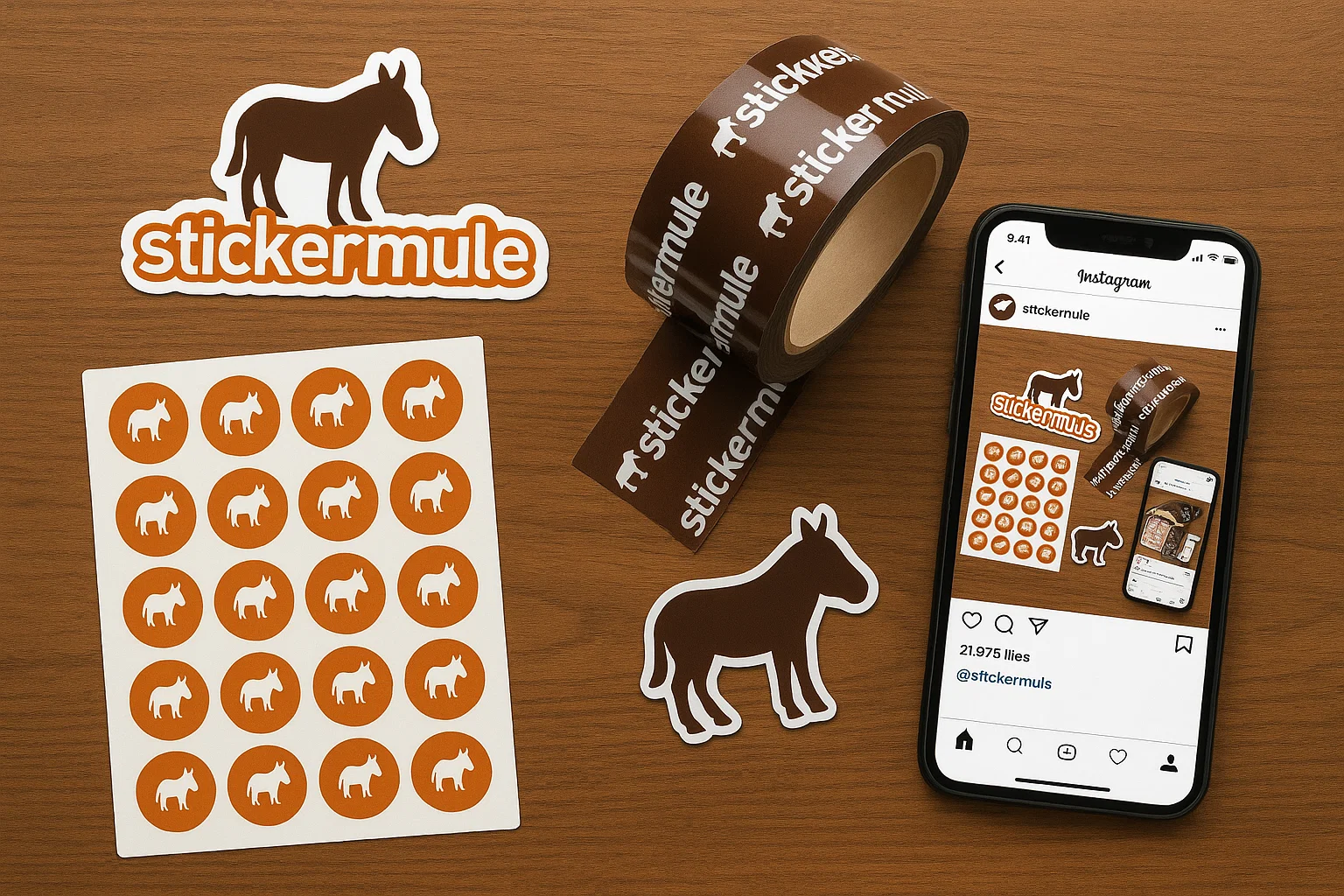 Sticker Mule Review: How This Social Media App Helps You Stand Out 3 Die-cut stickers and packaging tape from Sticker Mule on wooden desk