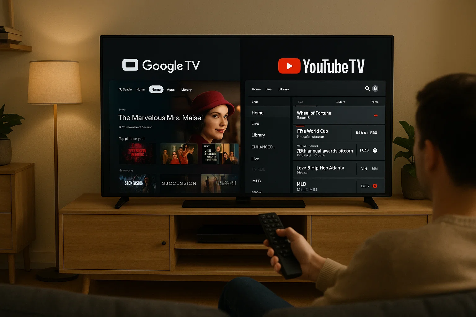 What’s the Difference Between Google TV and YouTube TV 1 Comparing Google TV and YouTube TV interfaces on a smart TV