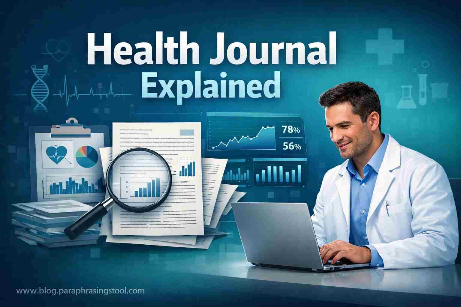 Researcher analysing medical journal data for Geek Health Journal review