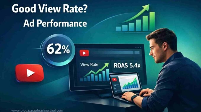 Digital marketer analysing YouTube ads view rate and ROAS performance dashboard